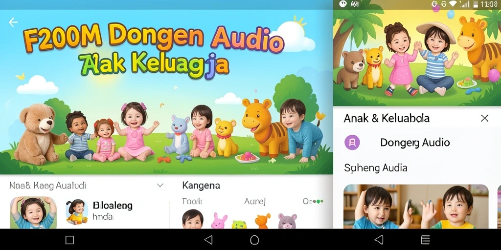 Antarmuka aplikasi F200M menampilkan pilihan dongeng audio yang menarik.