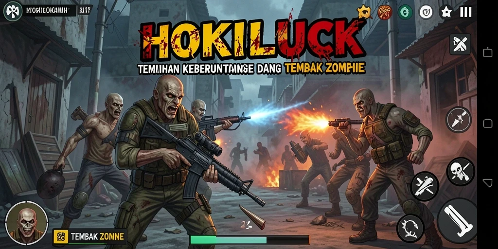 Antarmuka menarik dari game HOKILUCK saat menembak zombie.
