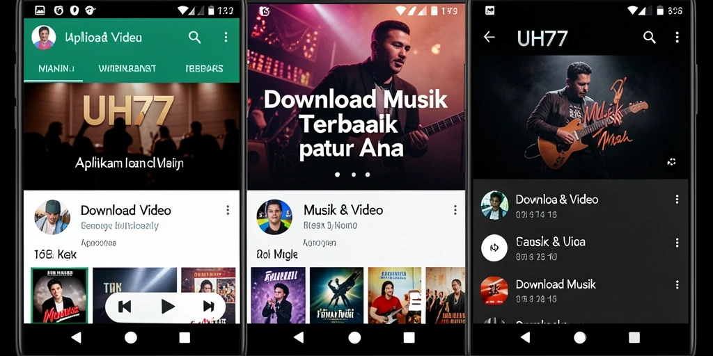 Antarmuka aplikasi UH77 dengan koleksi musik yang lengkap.