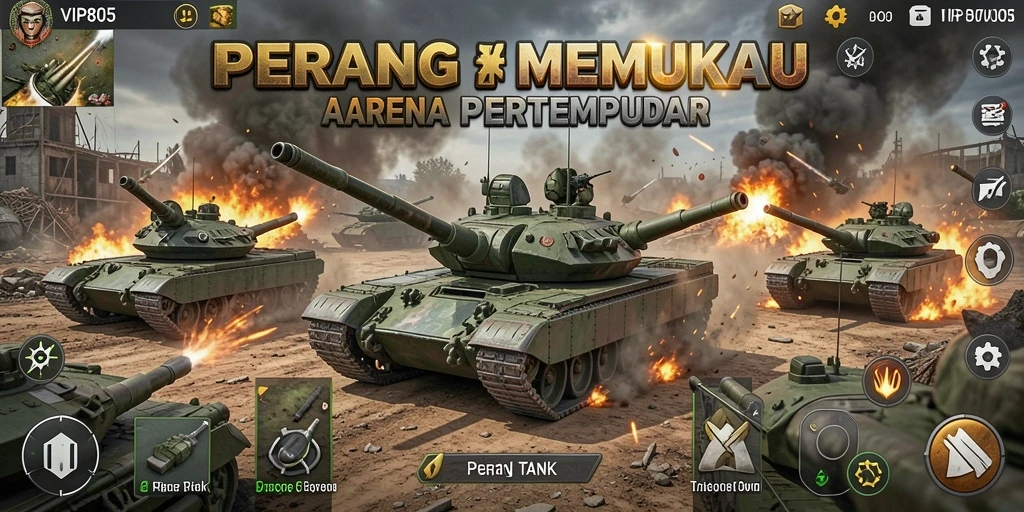 Antarmuka utama VIP805 menampilkan pertempuran tank yang mendebarkan.